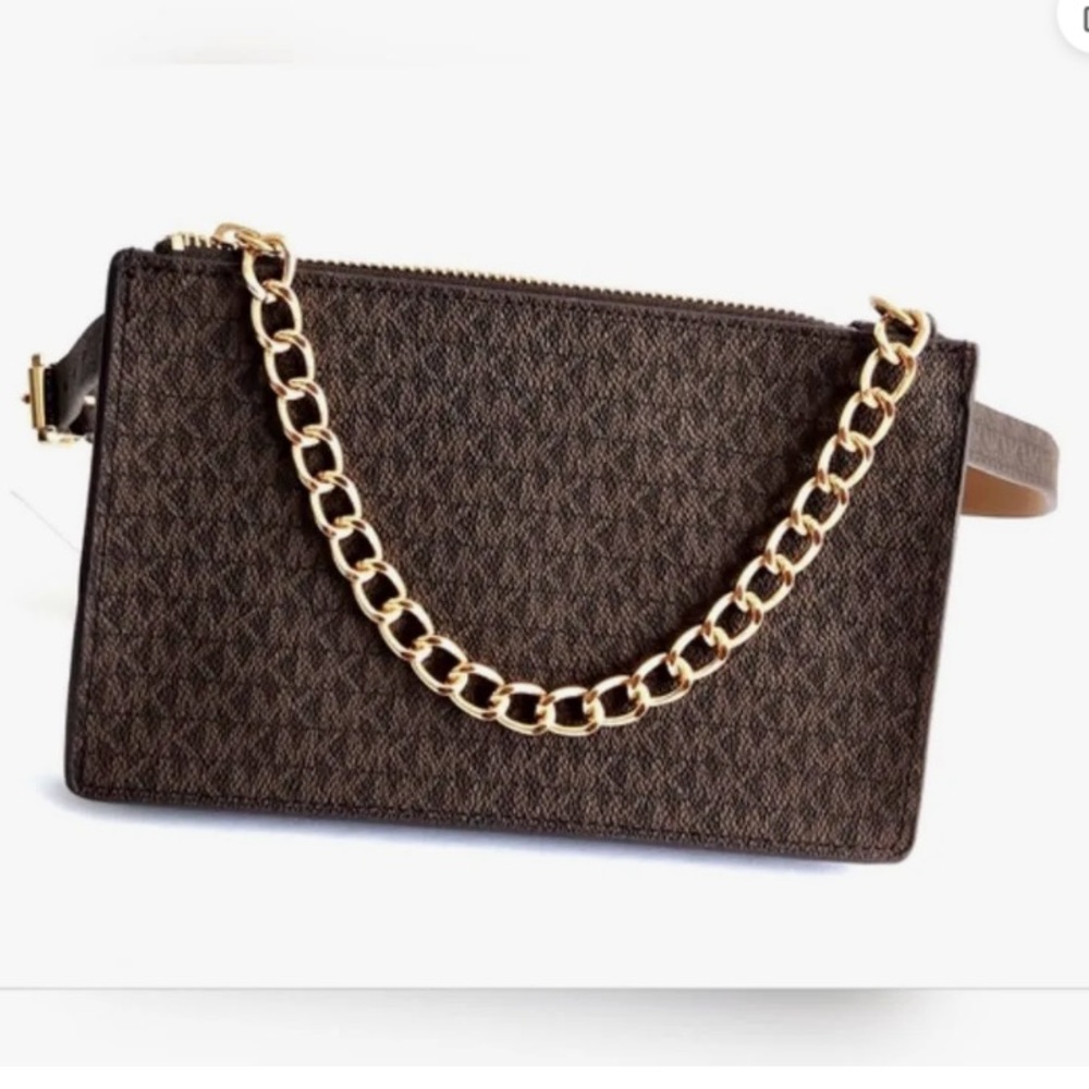 Elegant Michael Kors Gold Chain Strap Brown Fanny Pack Bag